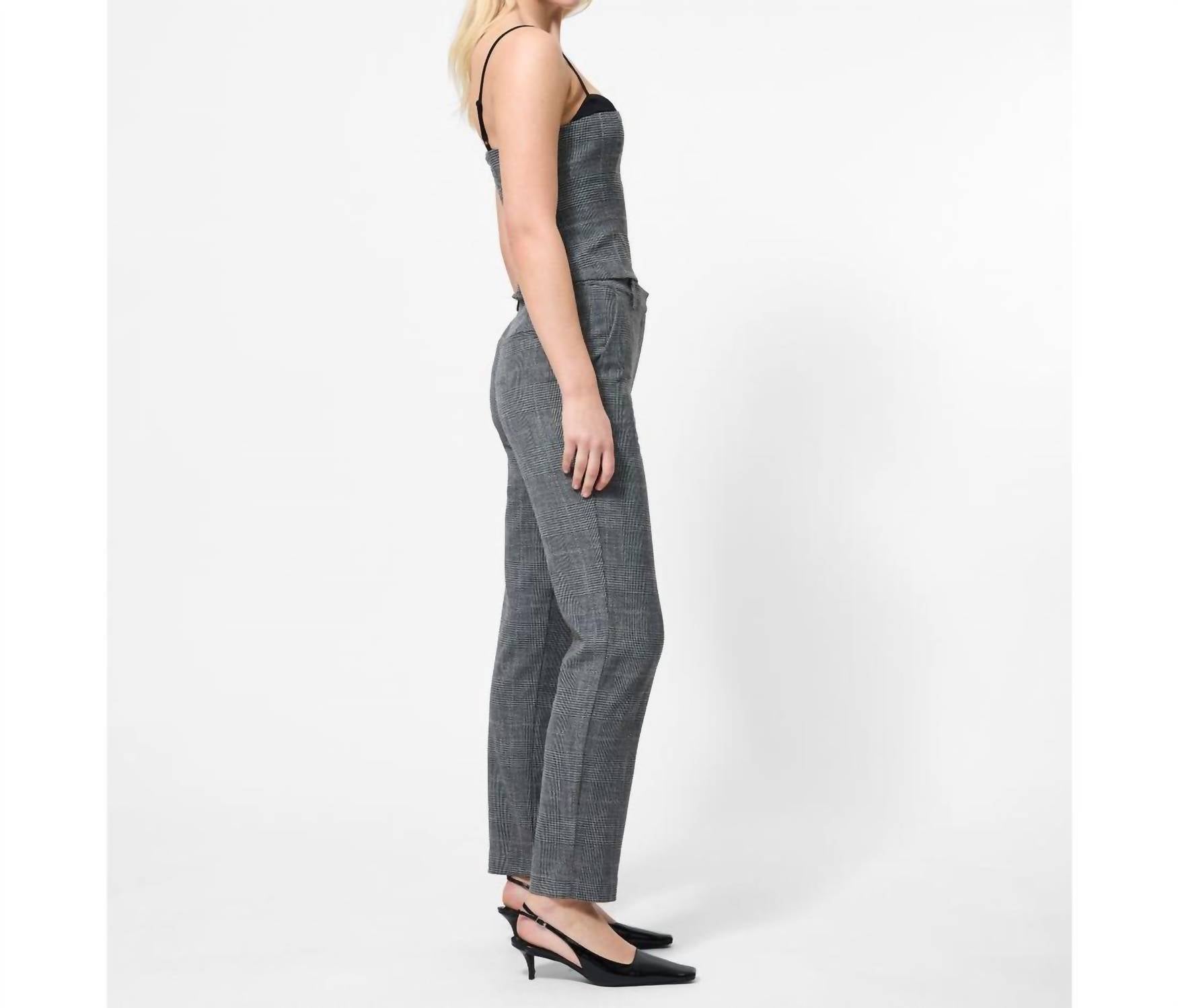 FRENCH CONNECTION Owen Plaid Suiting Corset Top in charcoal black - women's shirt - detail view