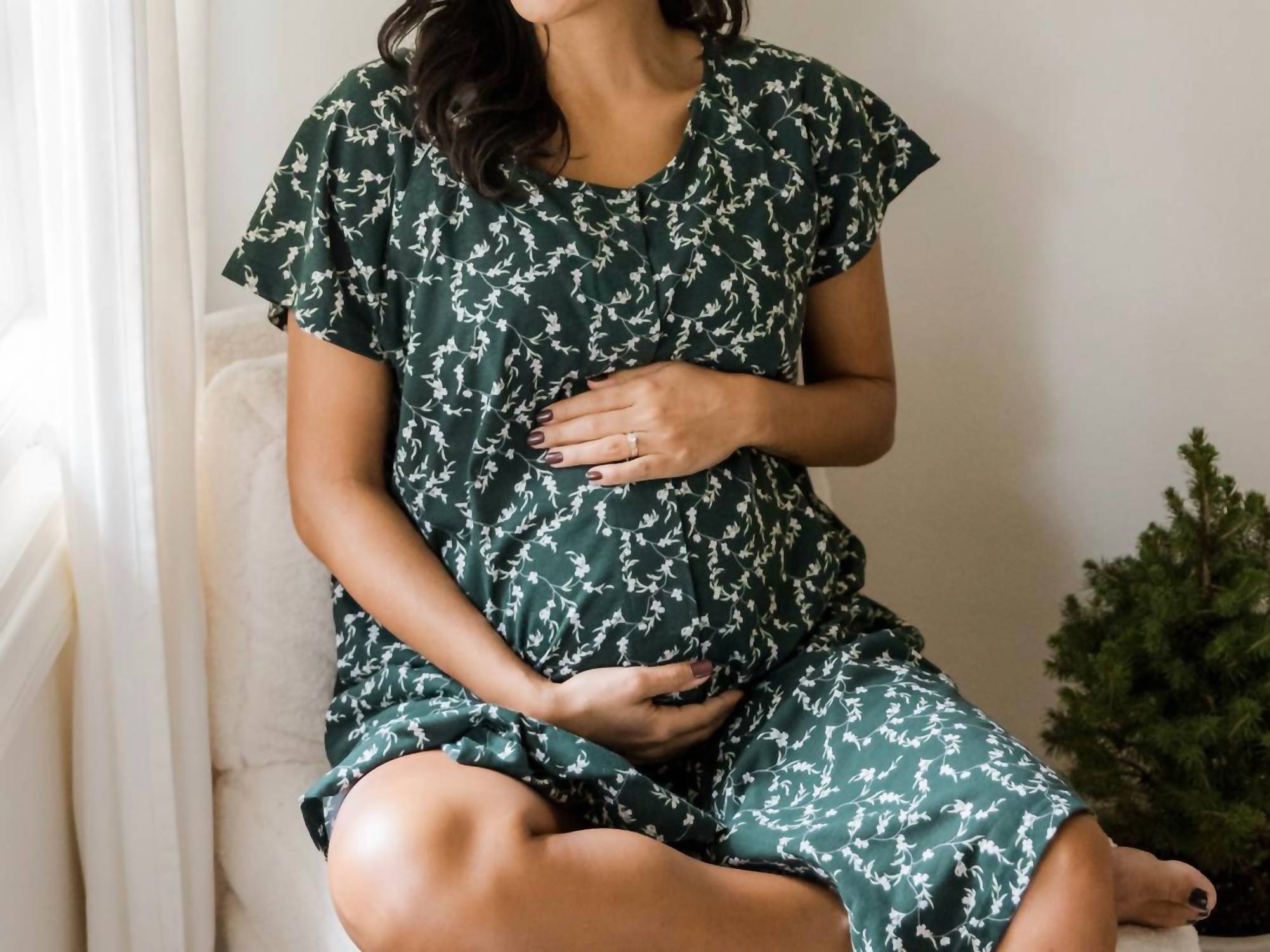 Kindred Bravely Universal Labor, Delivery & Nursing Gown in evergreen blossom - women's dress - detail view