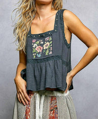 Pol - Double Gauze Floral Shirring Square Neck Sleeveless Top