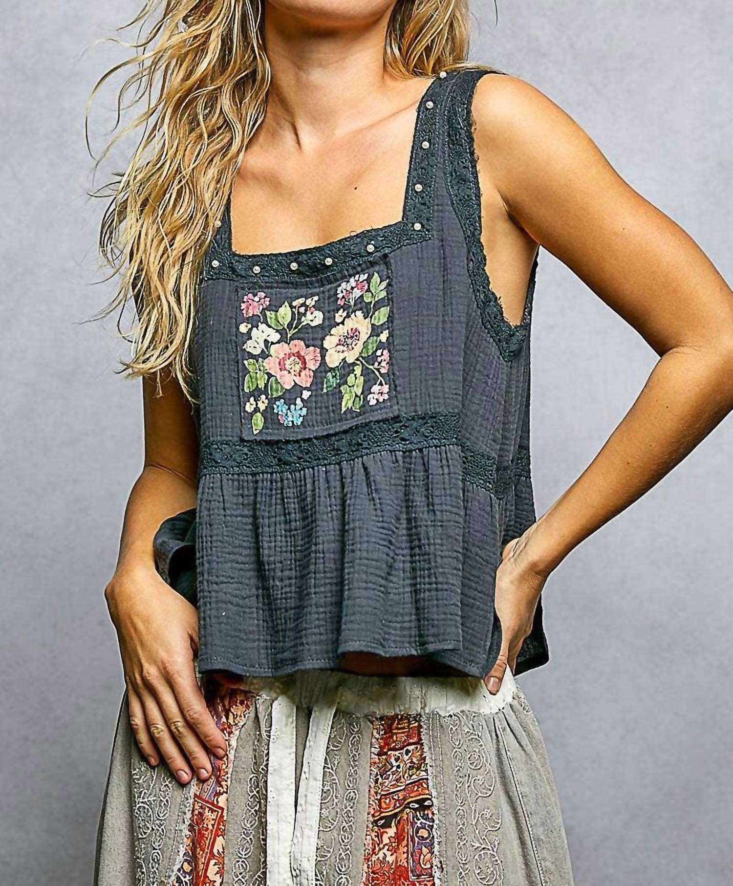Pol - Double Gauze Floral Shirring Square Neck Sleeveless Top