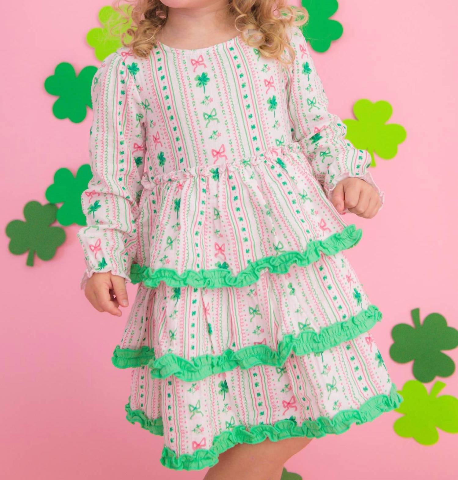 RuffleButts Clover Bows & Wishes Gauze Tiered Ruffle Dress in pink - kids' dress - detail view