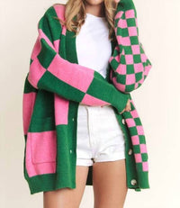 Jade By Jane - Button Down Long Sleeve Checkered Oversized Cardigan