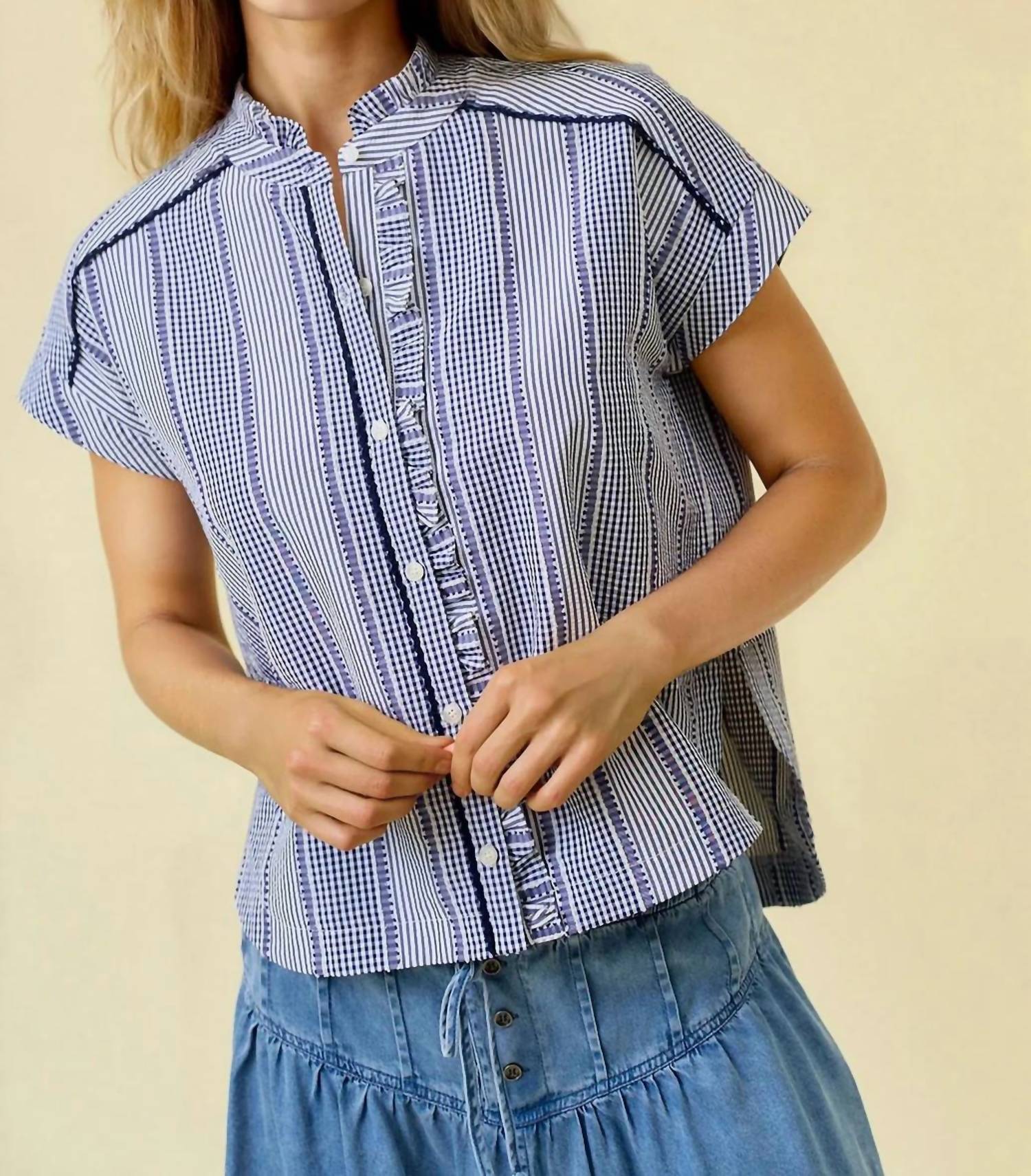 Doe And Rae - Stripe & Gingham Button Down Detail Top