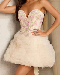 Jovani - Strapless Ruffled Tulle Dress With Floral Embroidery