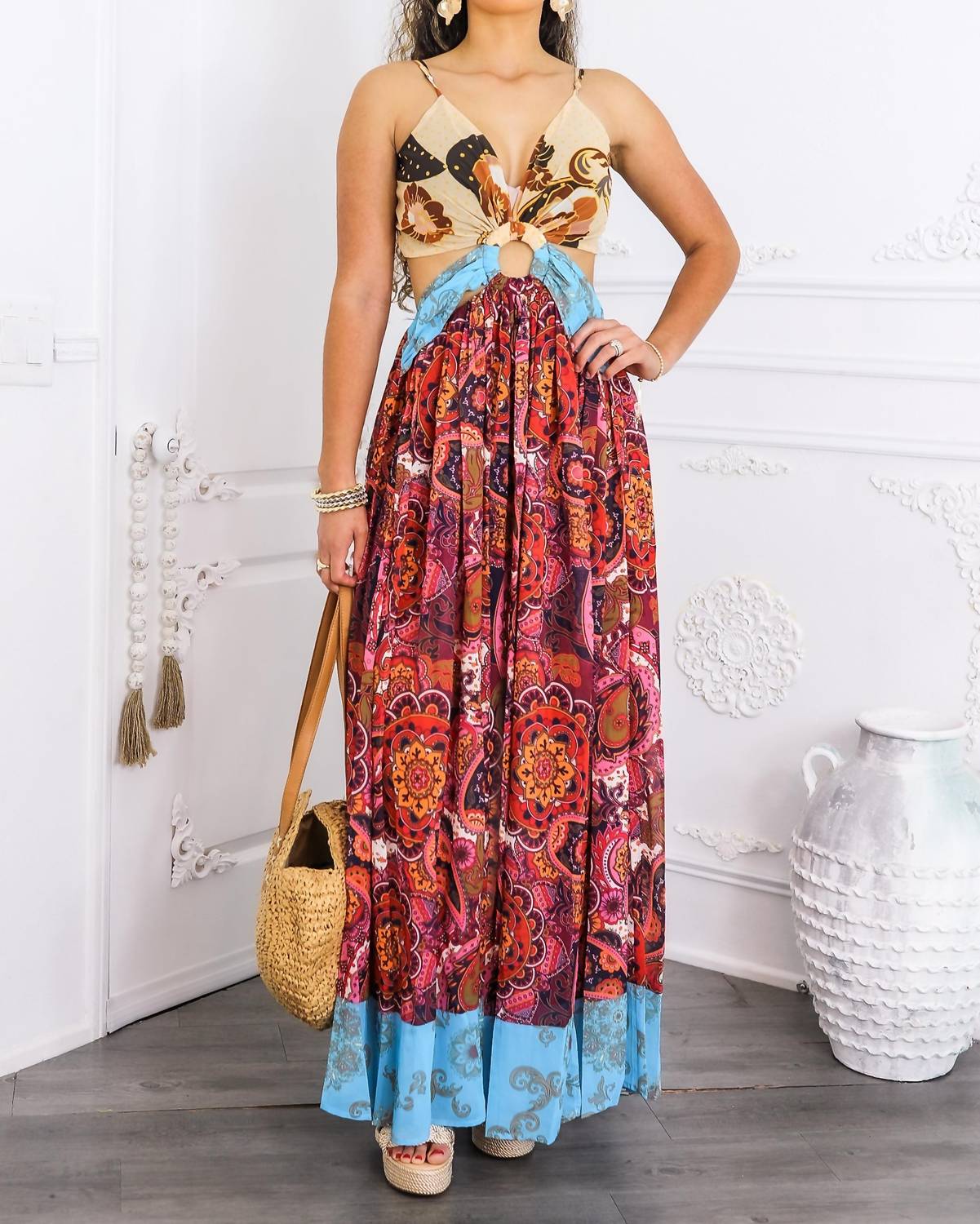 Surelymine - Boho Patchwork Cutout Maxi Dress with Side Slit