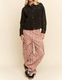 Davi & Dani - Animal Washed Leopard Denim Elastic Pants