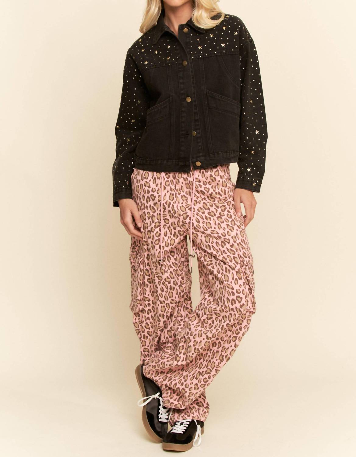 Davi & Dani - Animal Washed Leopard Denim Elastic Pants
