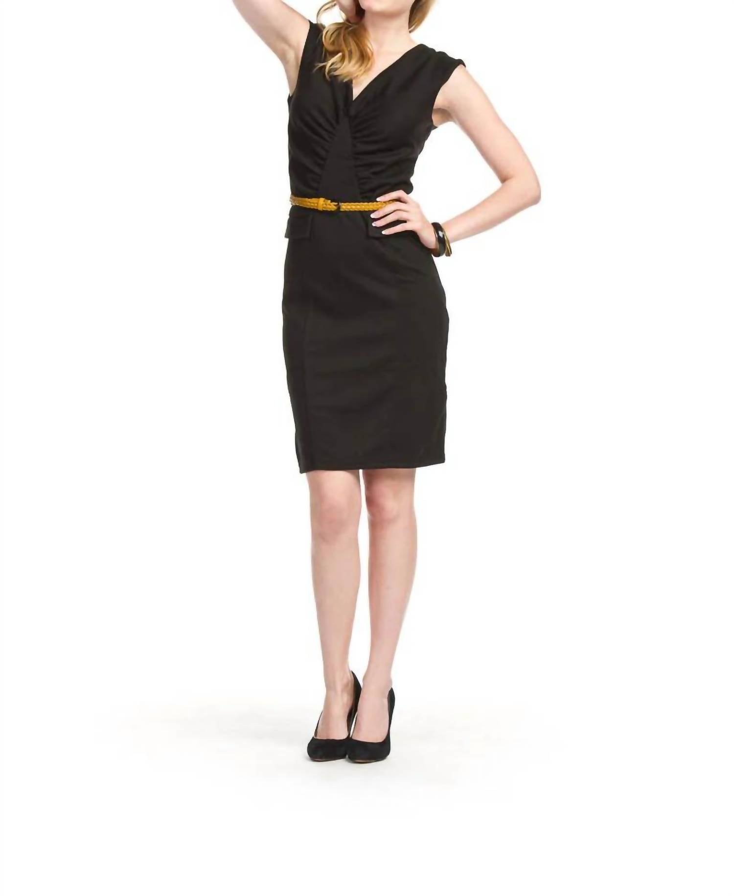 Papillon - V-neck Ruched Bust Faux Pockets Dress
