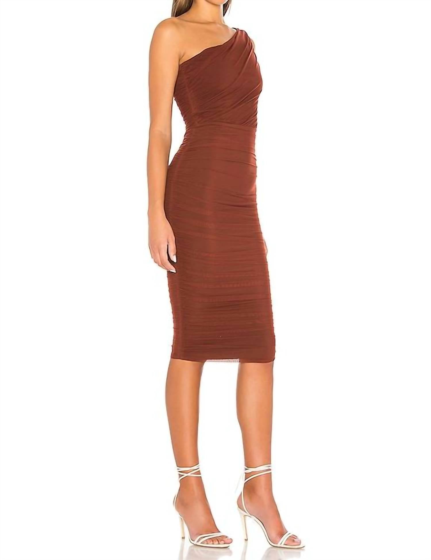NOOKIE Inspire One Shoulder Midi Dress in chocolate - women's dress - alternate view