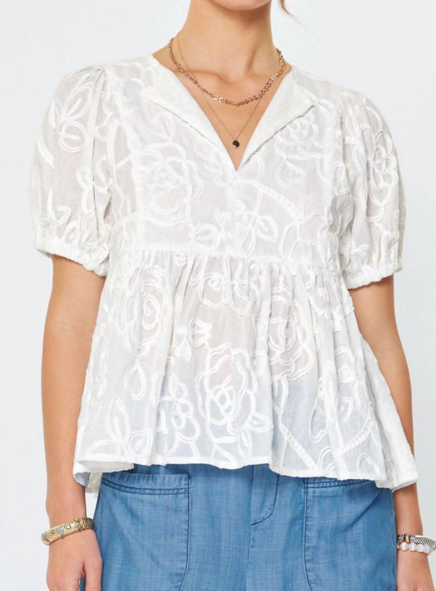 Current Air - Floral Embroidery Babydoll Blouse