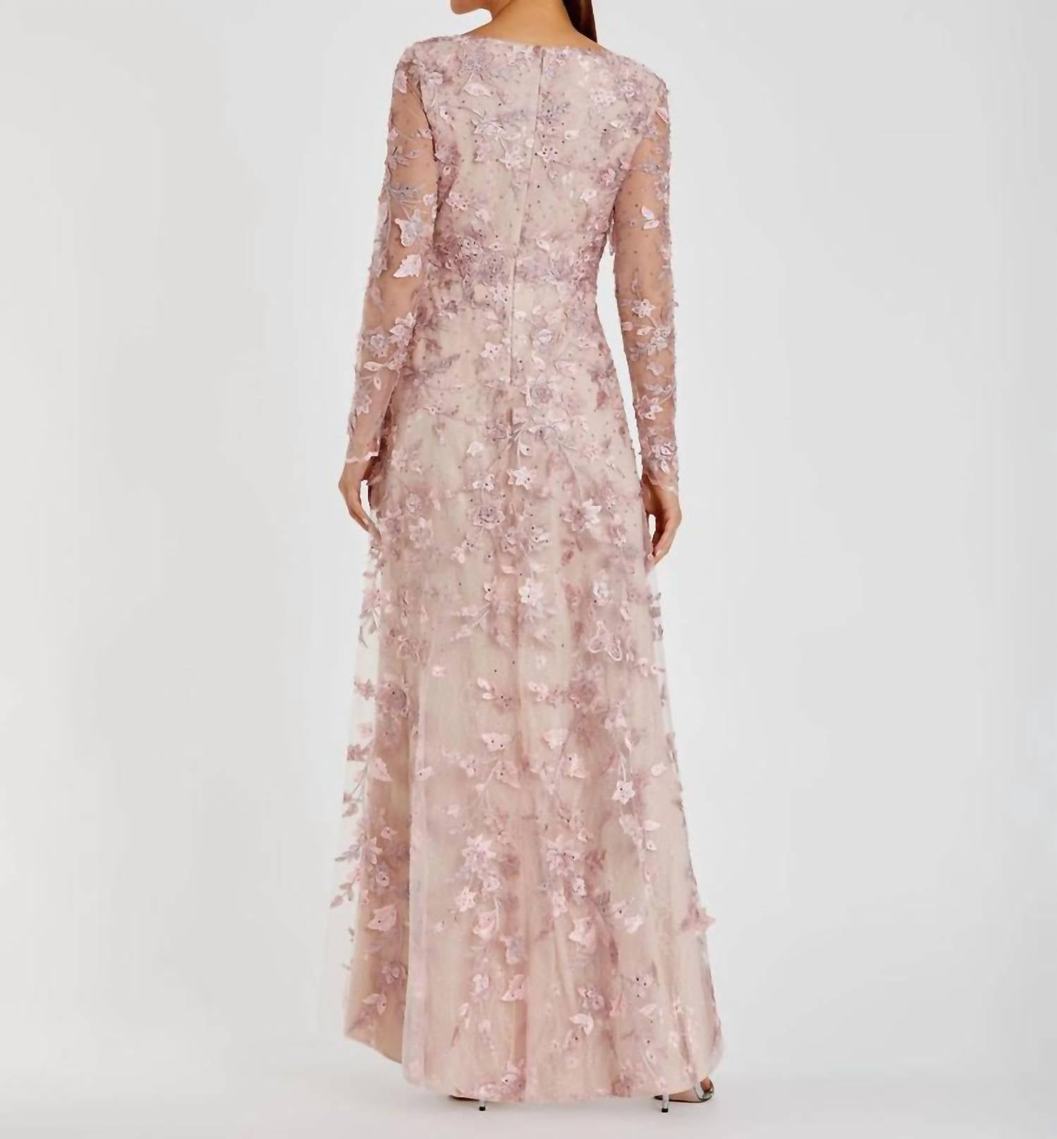 Mac Duggal - Floral Applique Long Sleeve Illusion Gown