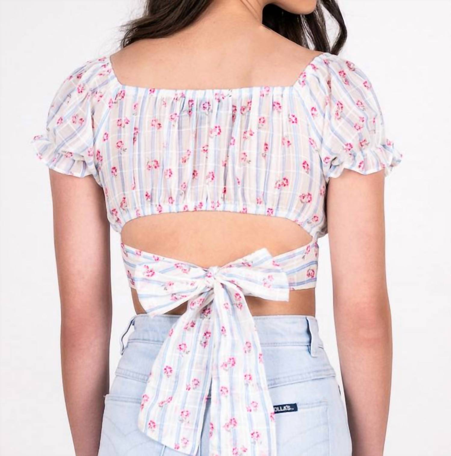 Katie J NYC Chase Floral Puff Sleeve Top in petunia stripe - women's shirt - alternate view