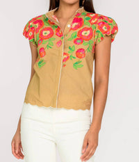 Elizabeth James The Label Women's Short Sleeve Emily Top in poppy patch iced coffee - women's blouse