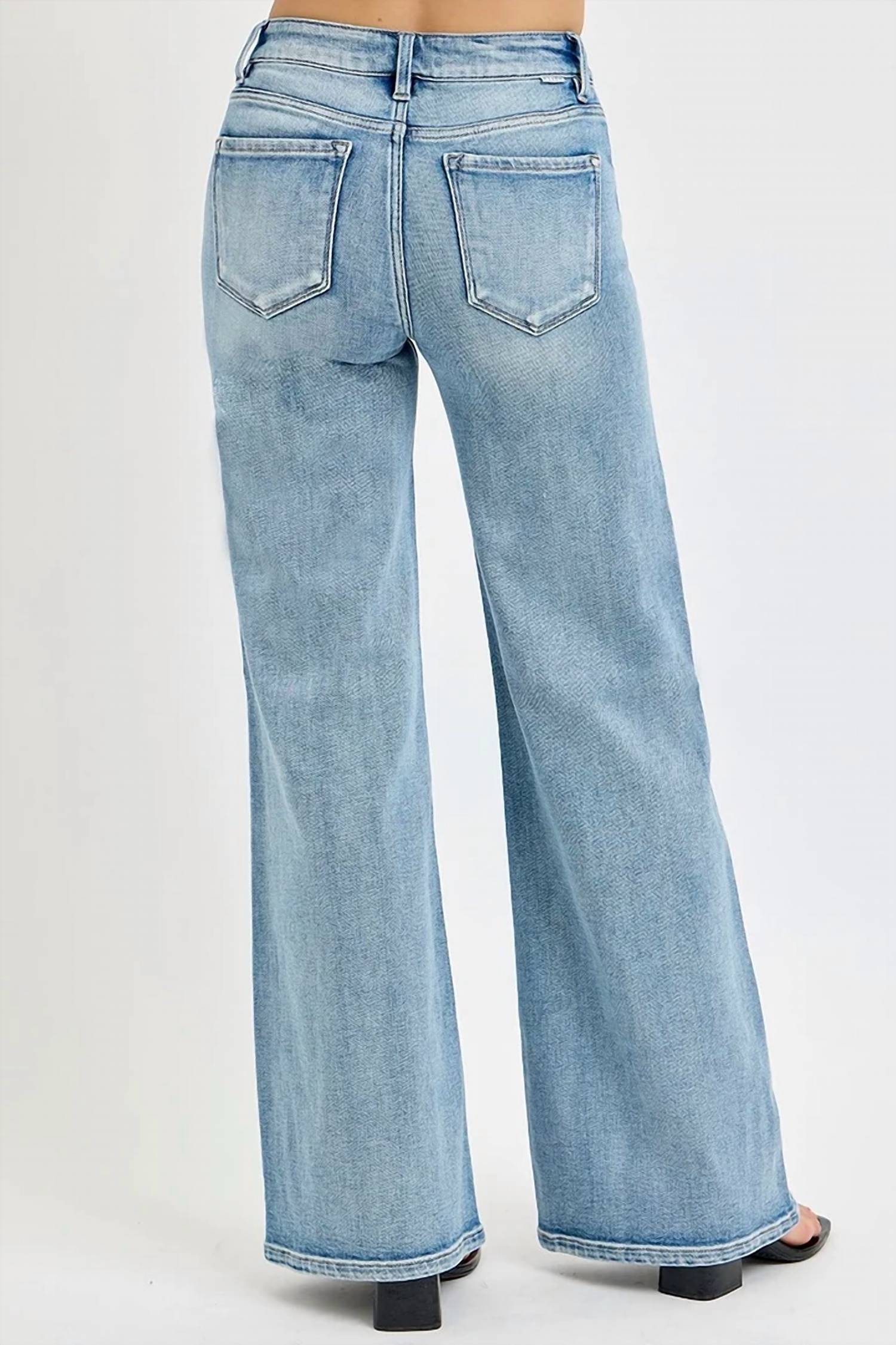 Risen - Mid Rise Wide Leg Jeans With Front Patch Pockets