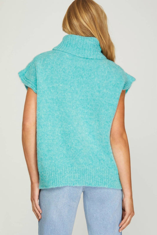 She + Sky - Sleeveless Turtleneck Cable Sweater Top
