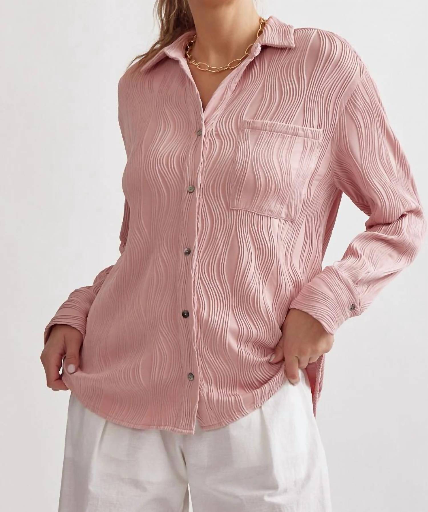 Entro - Wave Textured Long Sleeve Button Up Blouse