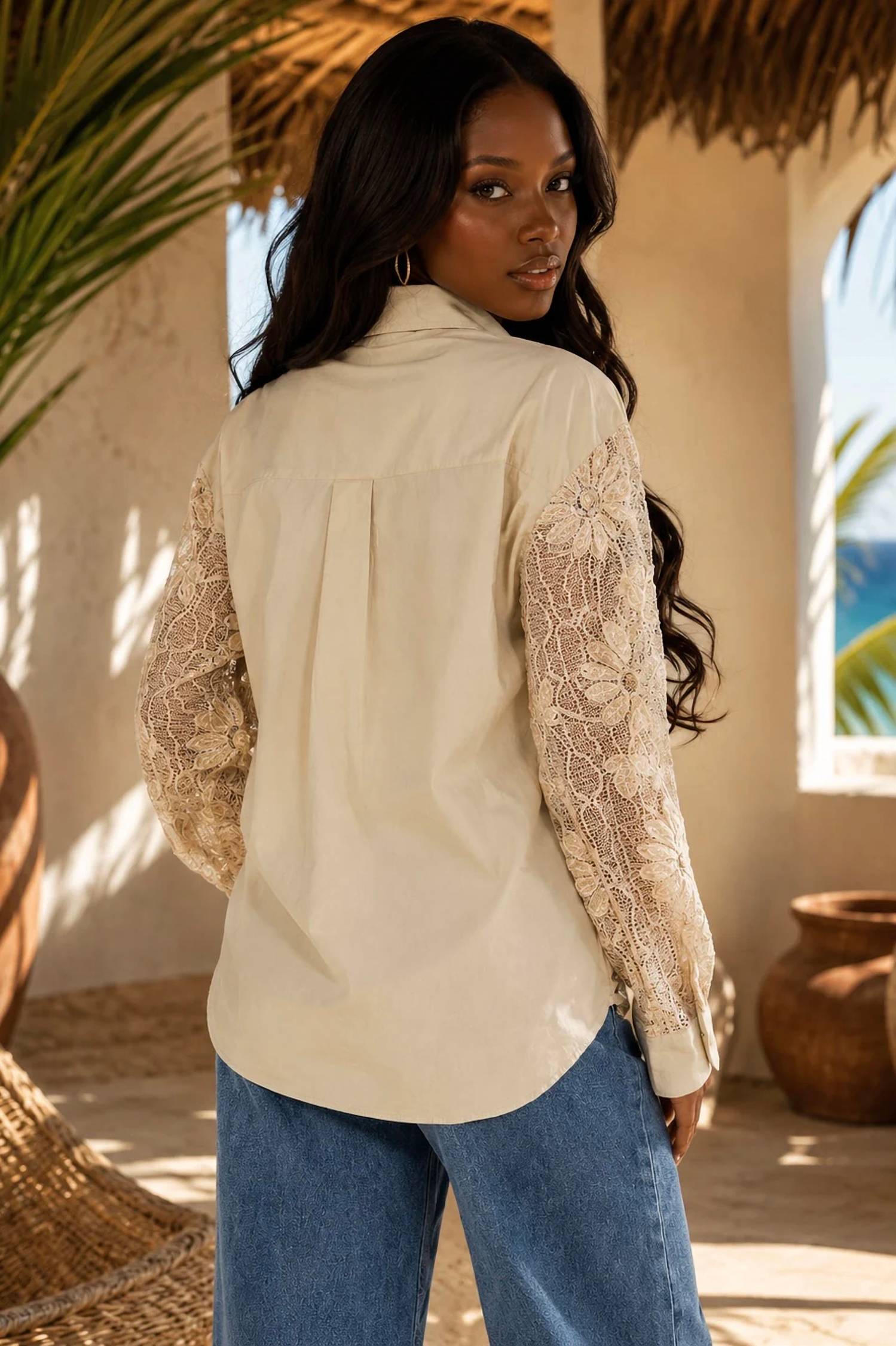 Surelymine - Floral Lace Contrast Button-up Blouse