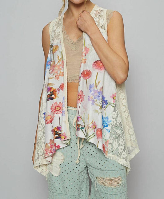 Pol - Sleeveless Printed Woven Lace Detail Vest