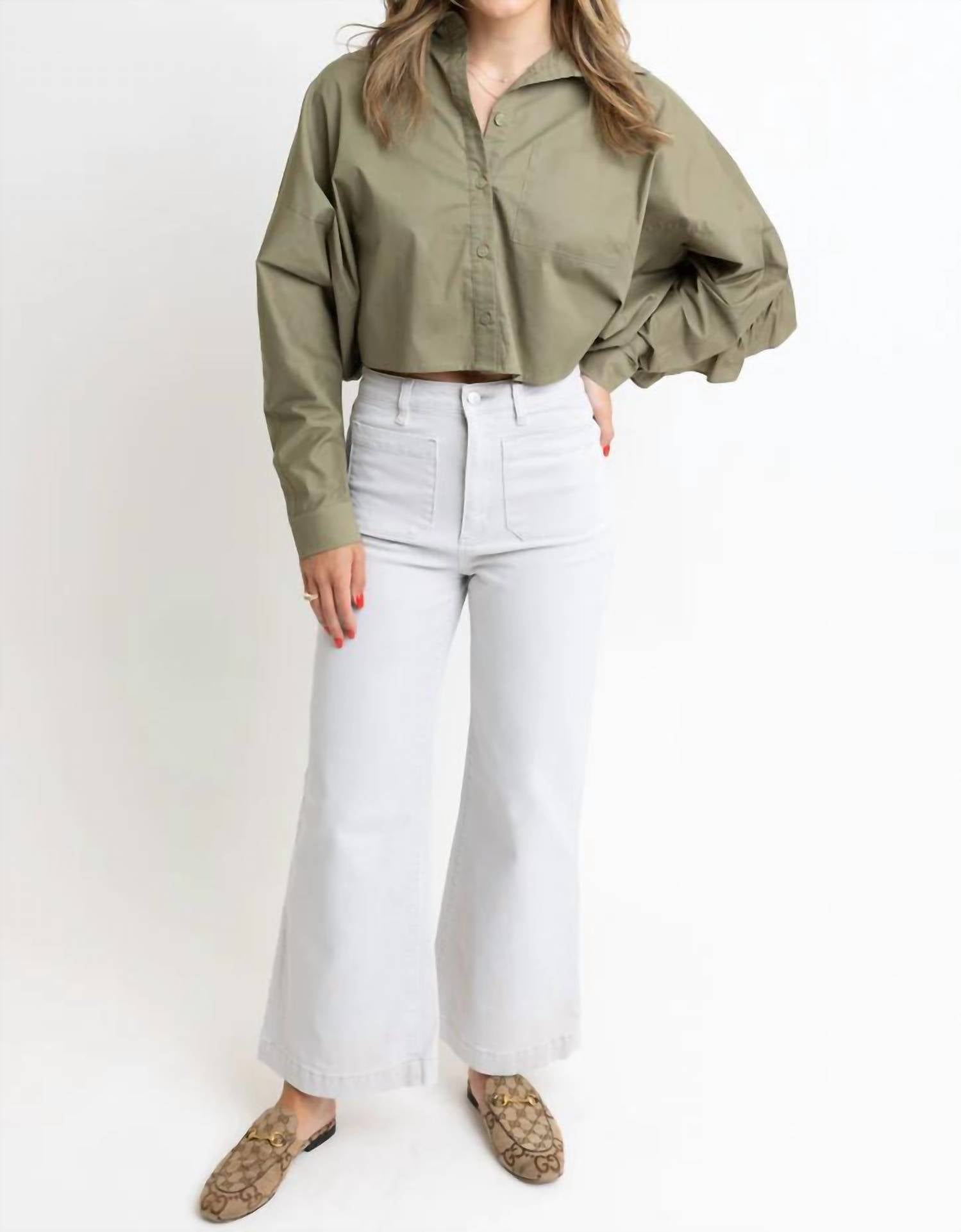 Karlie - Solid Poplin Ruffle Back Button Up Top