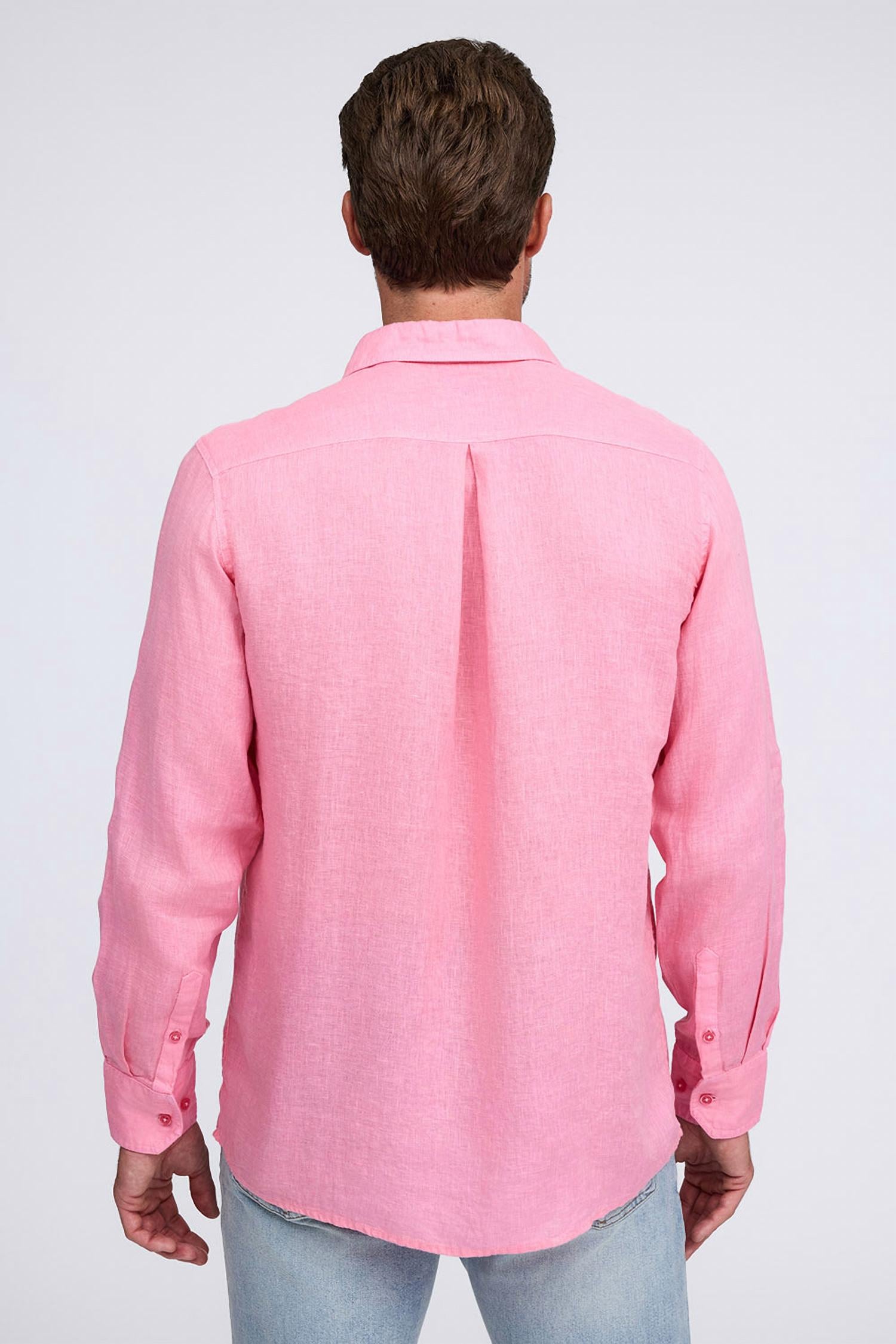 Raffi Pure Linen Long Sleeve Shirt in red - men's long sleeve top - detail view