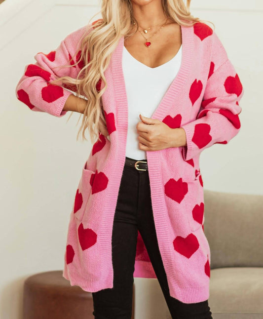 Bibi - Heart Print Open Front Knit Cardigan