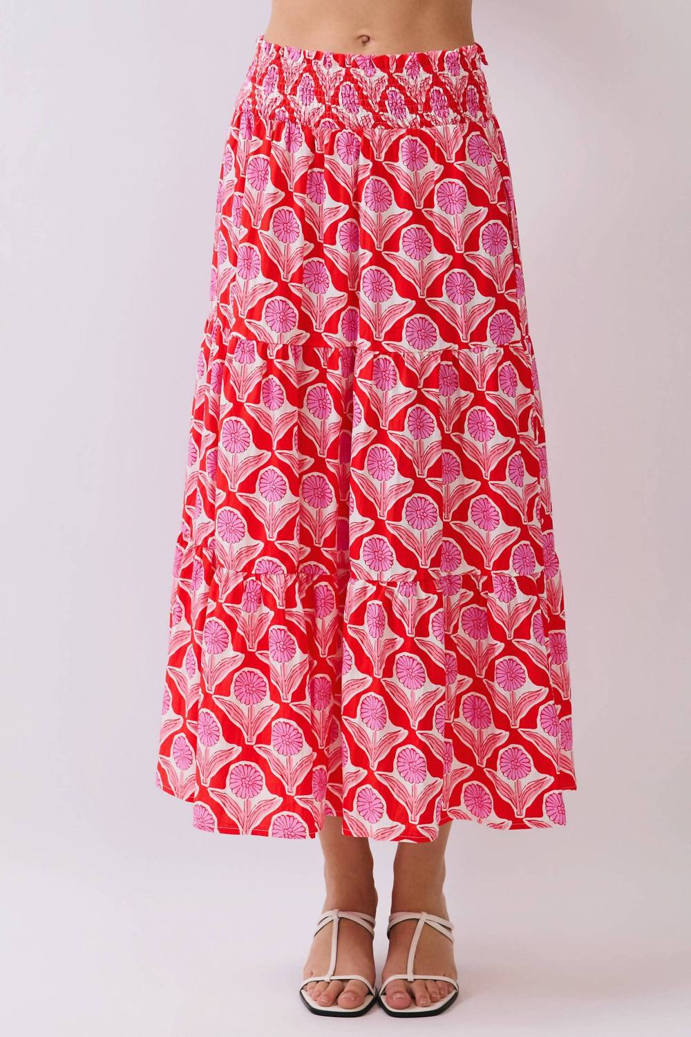Tcec - Penelope Floral Print Smocked Waist Midi Skirt