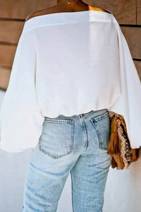 Mazik - Wide Boat Neck Puff Sleeve Detail Loose Fit Blouse