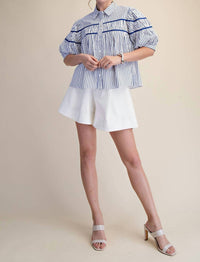 Glam - Puff Sleeve Contrast Detail Stripe Shirt Top