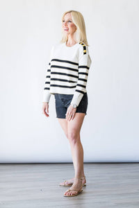 L'Agence Bishop Striped Crew Sweater Top in ivory black gold stripe - women's sweater - alternate view
