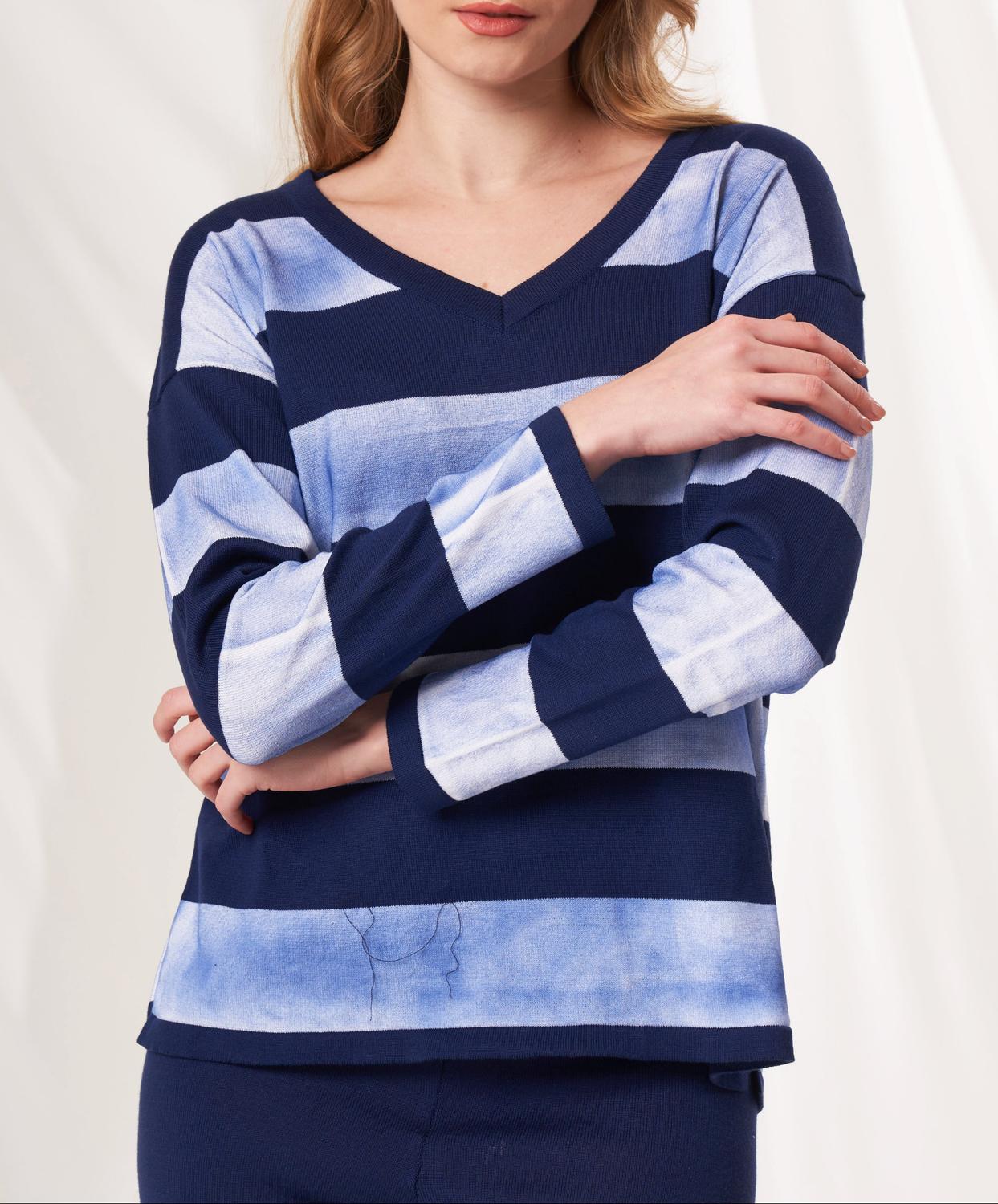 Angel Apparel Stripe V-neck Sweater in denim - women's sweater