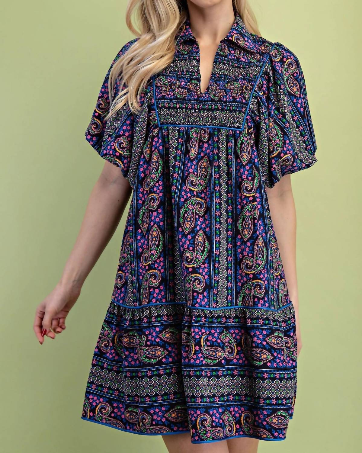 Gigio - Mixed Paisley Print Dress With A Smocked Front Yoke