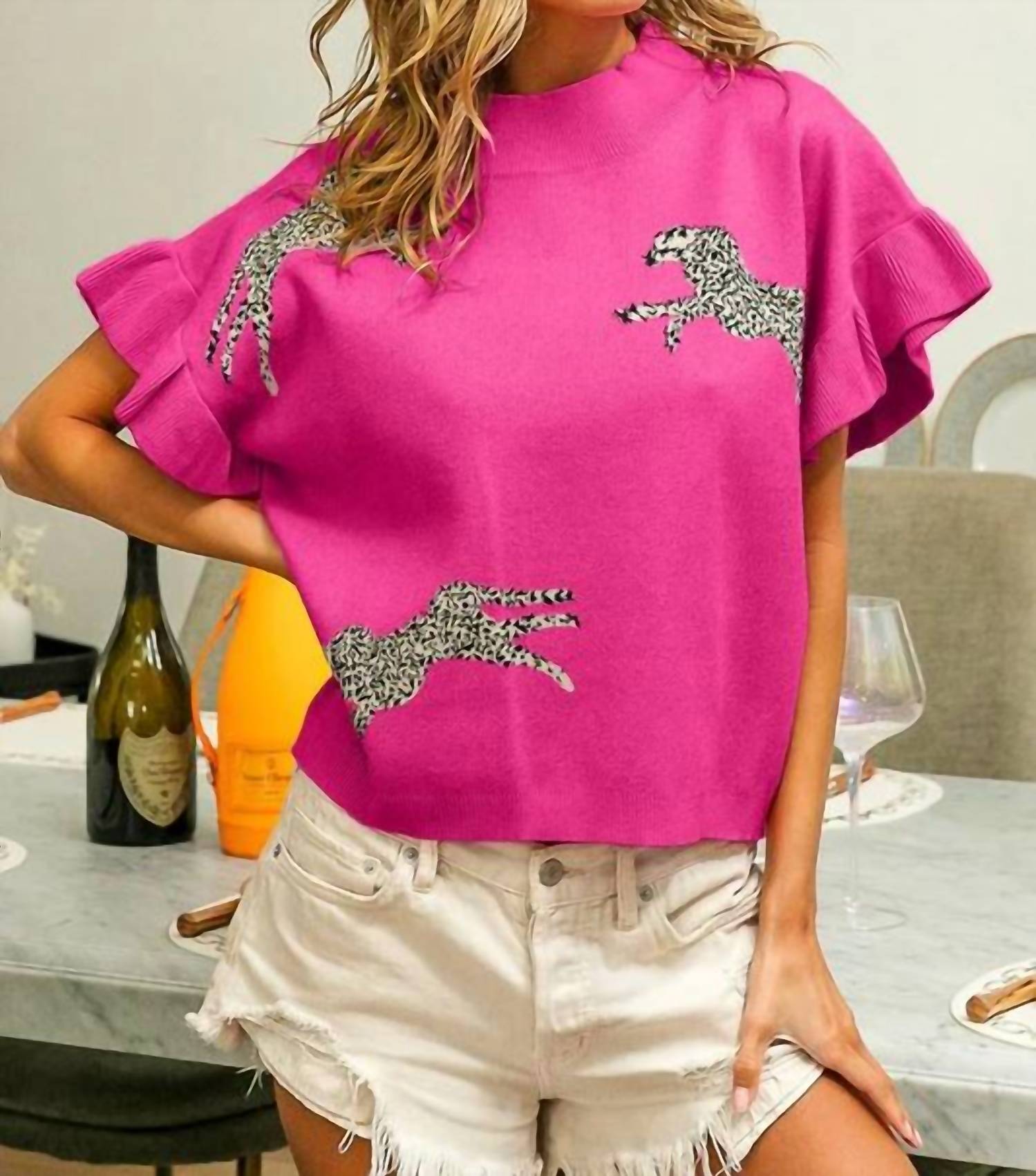 Bibi - LEOPARD PATTERN SHORT SLEEVE SWEATER TOP