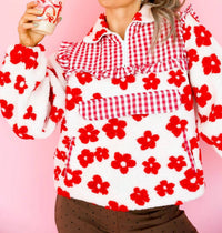 Davi & Dani - Half Zip Floral Gingham Pull Over