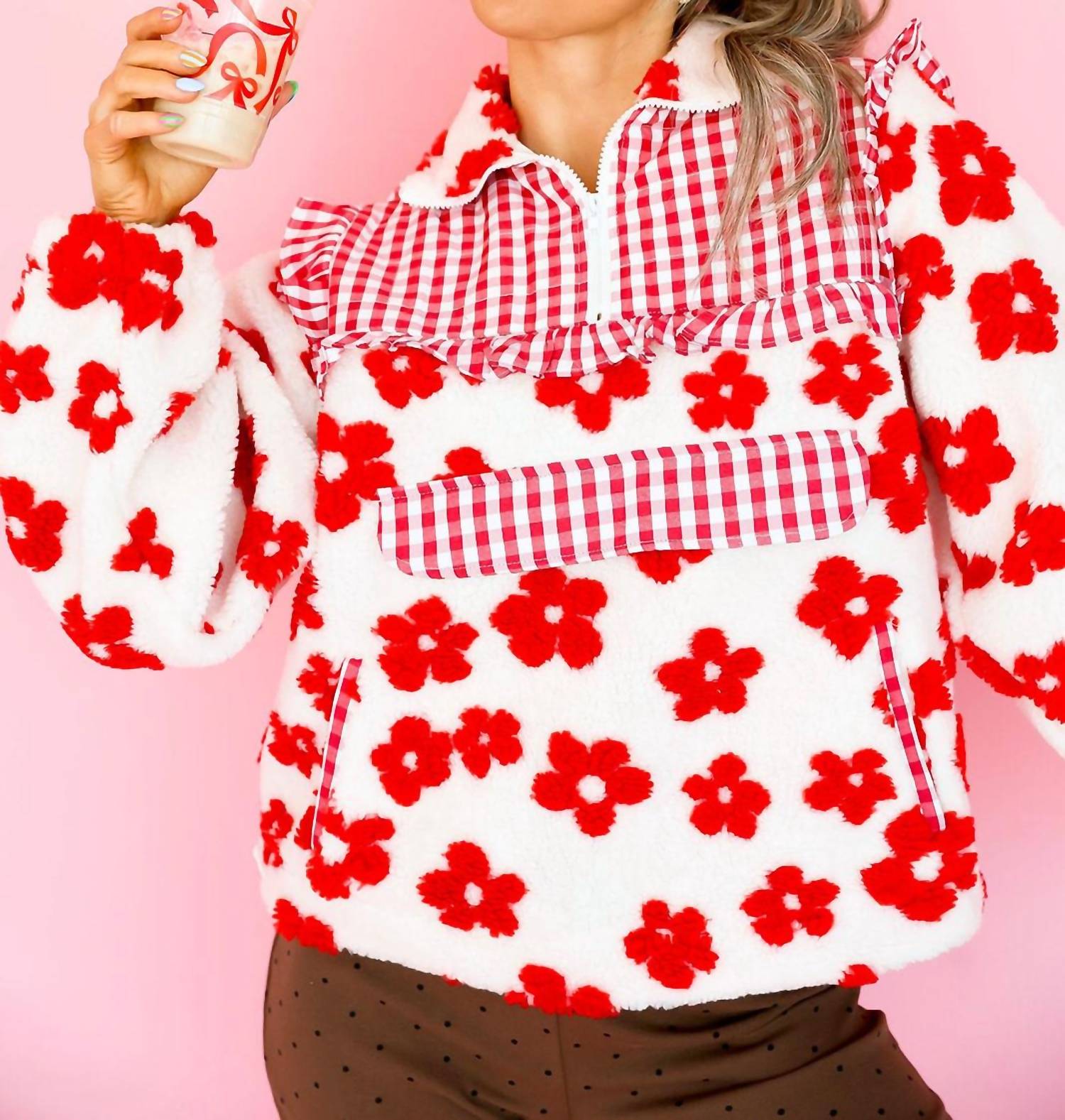 Davi & Dani - Half Zip Floral Gingham Pull Over
