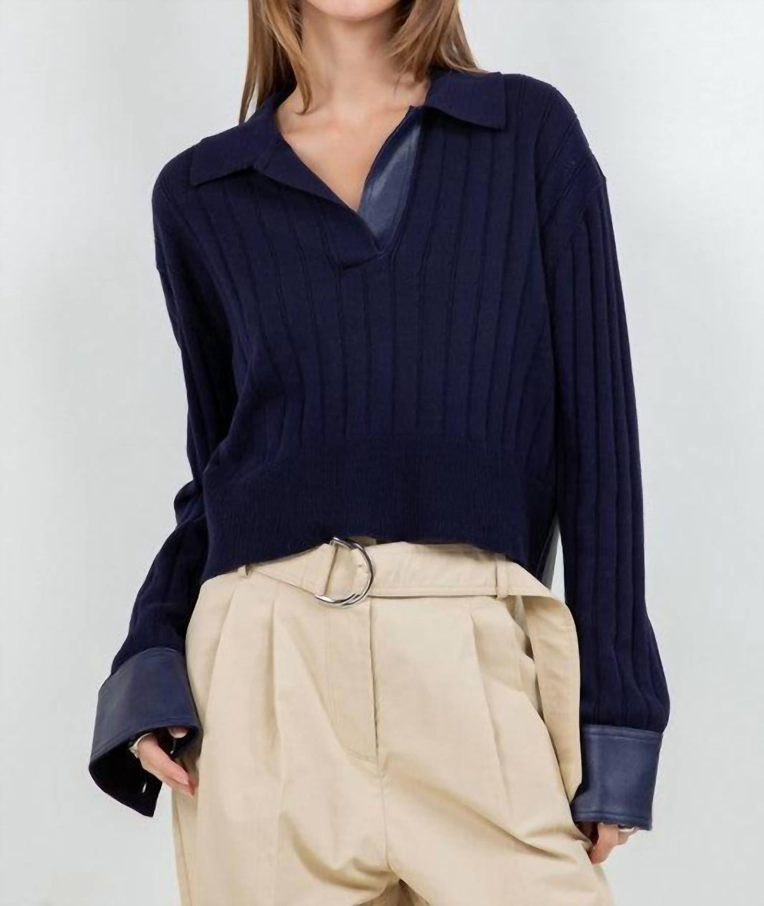 Whiteroom+Cactus - Faux Leather Knitted Long Sleeve Sweater