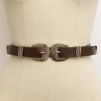 LETO Women's Double Buckle Vegan Leather Western Belt in brown - women's accessory