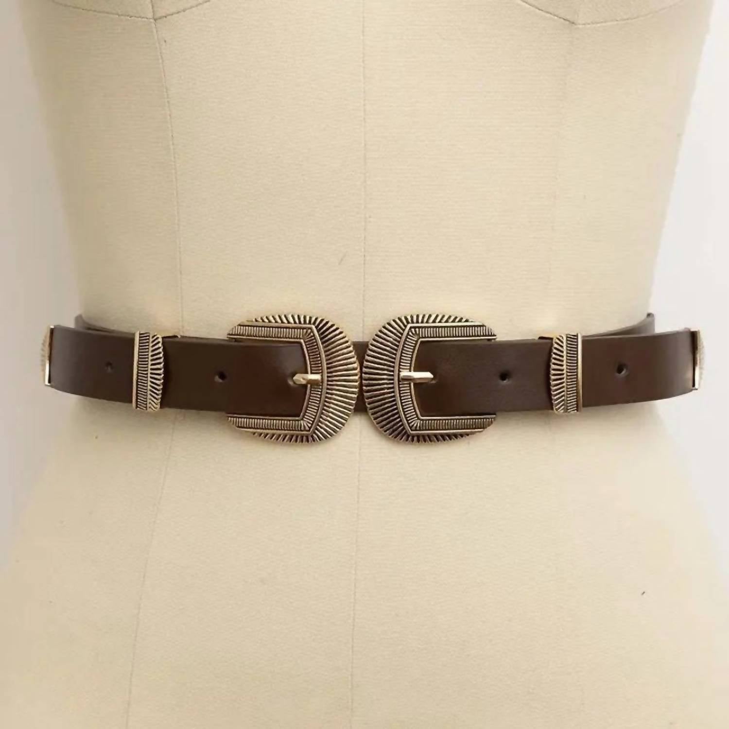 LETO Women's Double Buckle Vegan Leather Western Belt in brown - women's accessory