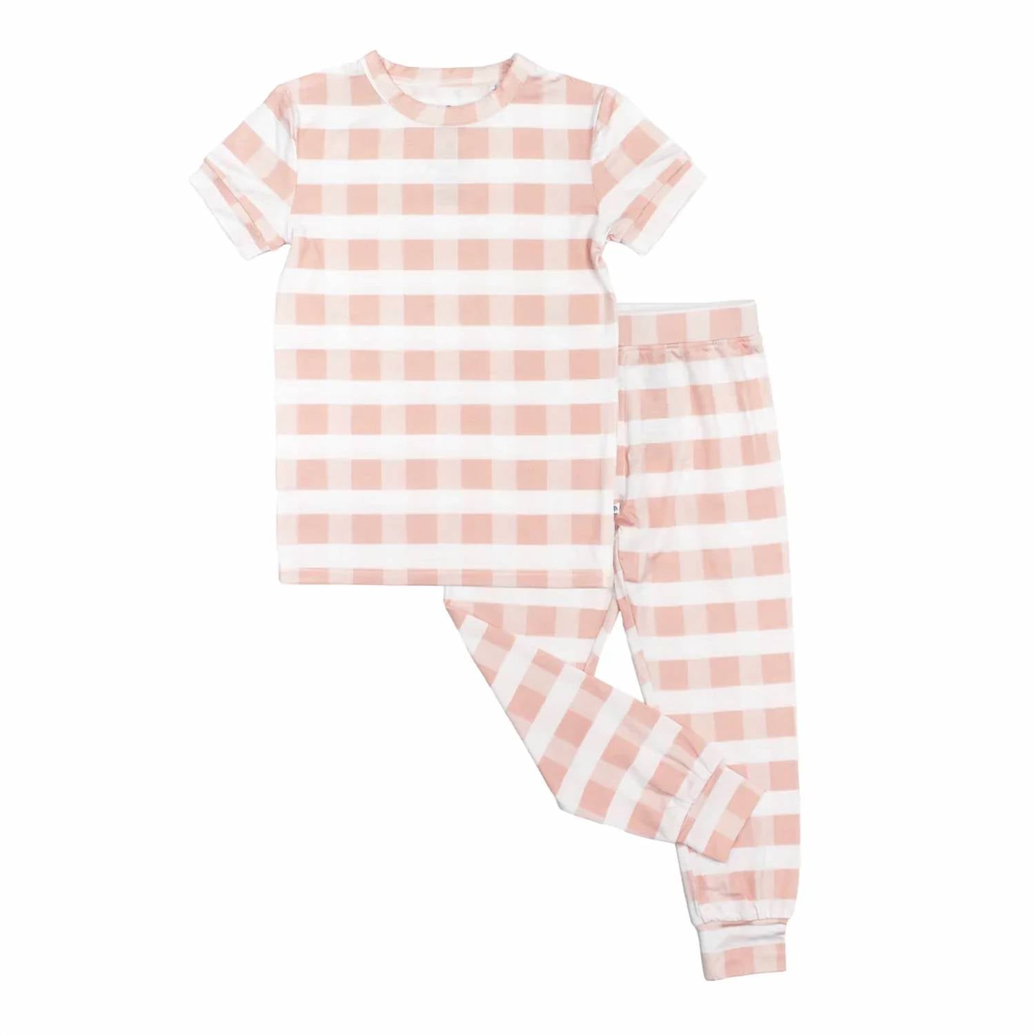 Emerson And Friends - Kids Gingham Two-piece Bamboo Short Sleeve Pajama Pants Set