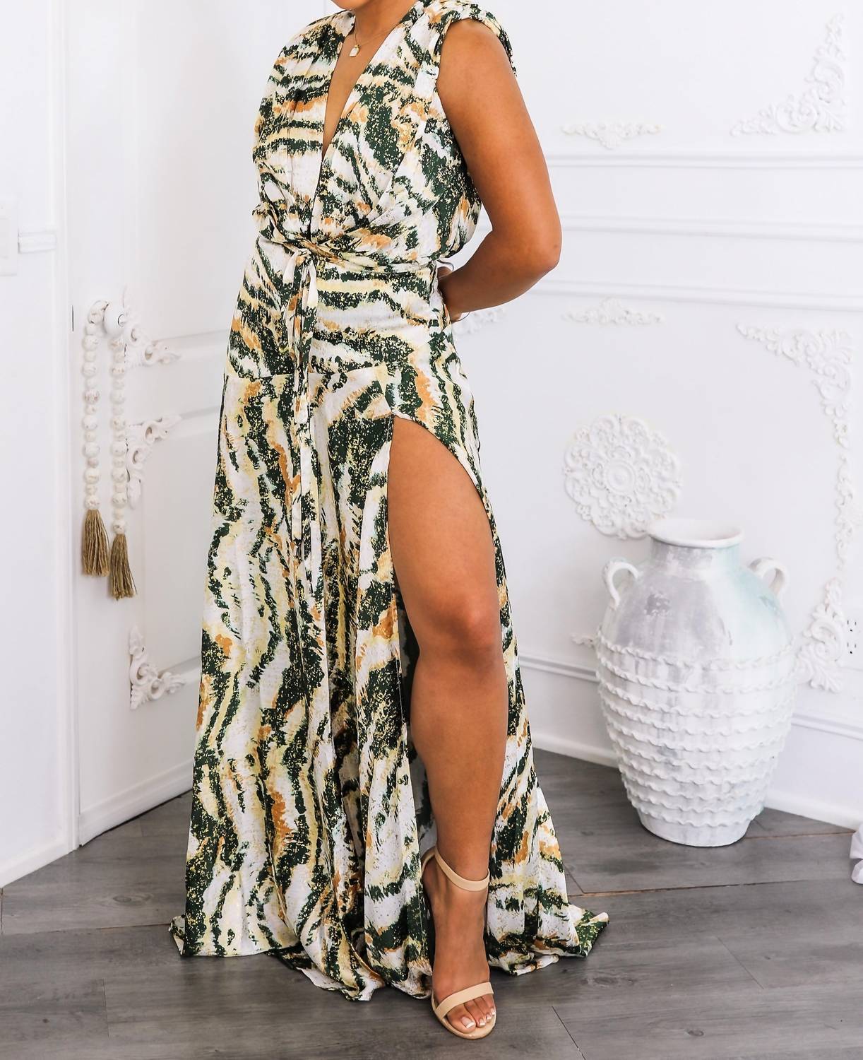 Surelymine - Abstract Print Maxi Dress Plunge Wrap Front With Slit