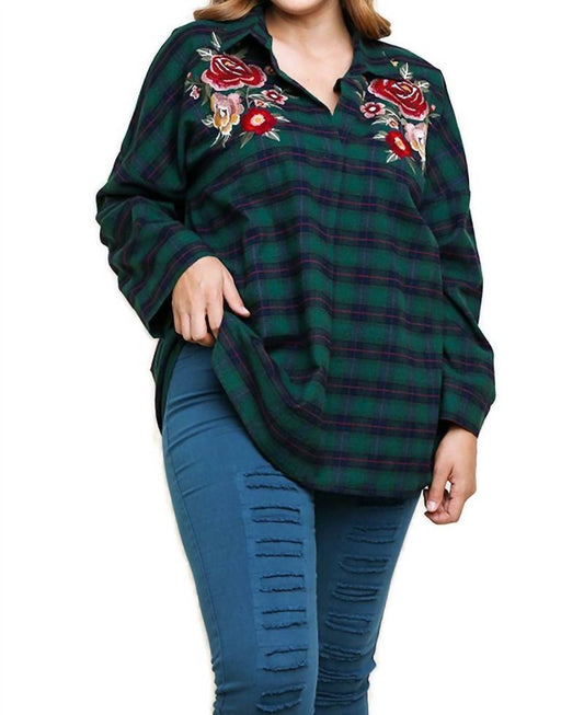 Umgee - Floral Embroidered Plaid Tunic - PLUS