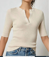 Lilla P - Women's Elbow Sleeve Split Neck Sweater Top