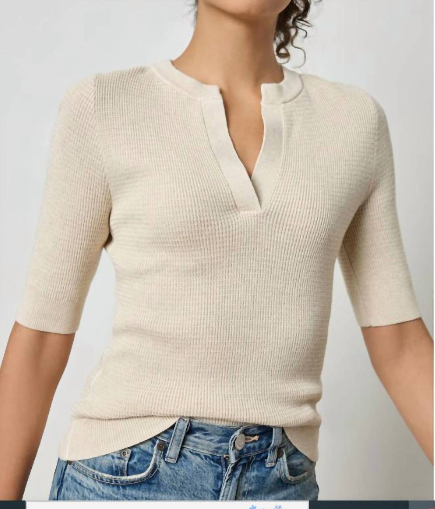 Lilla P - Women's Elbow Sleeve Split Neck Sweater Top