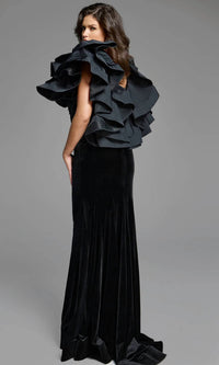 Jovani - Ruffled Sleeves Velvet Evening Gown