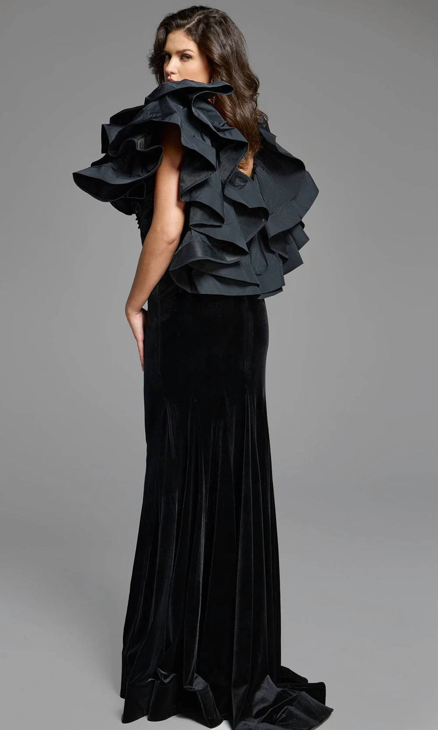 Jovani - Ruffled Sleeves Velvet Evening Gown