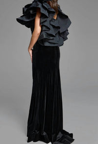 Jovani - Ruffled Sleeves Velvet Evening Gown