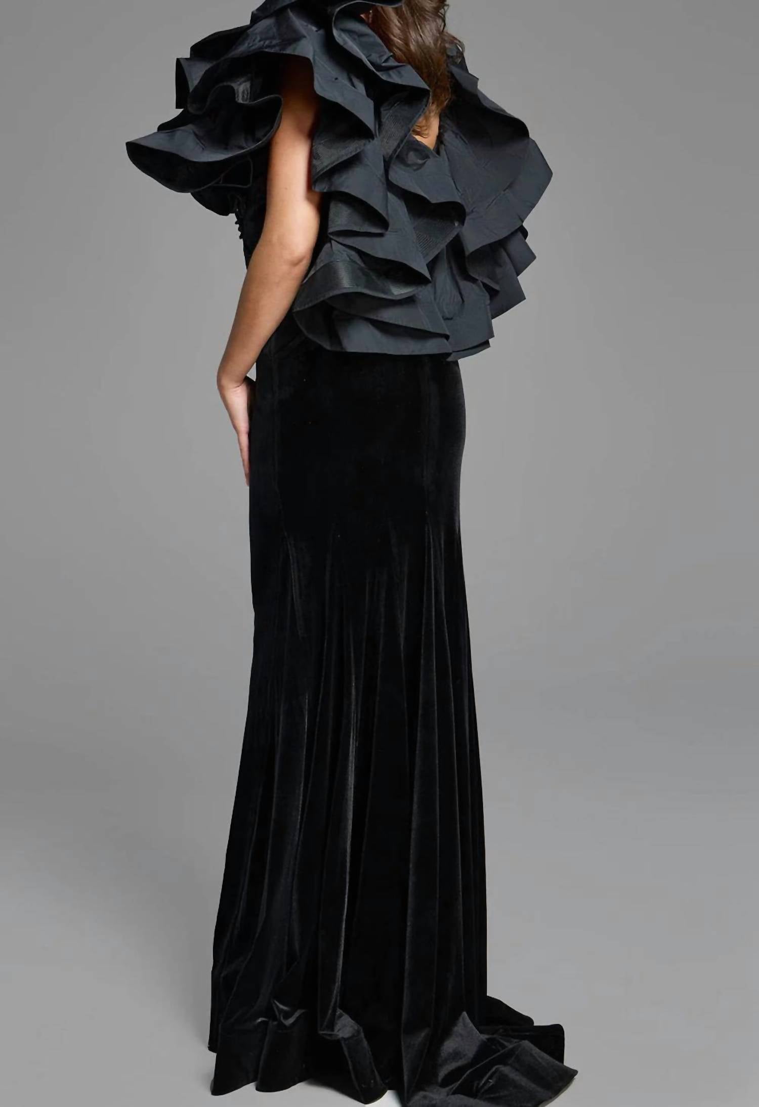 Jovani - Ruffled Sleeves Velvet Evening Gown