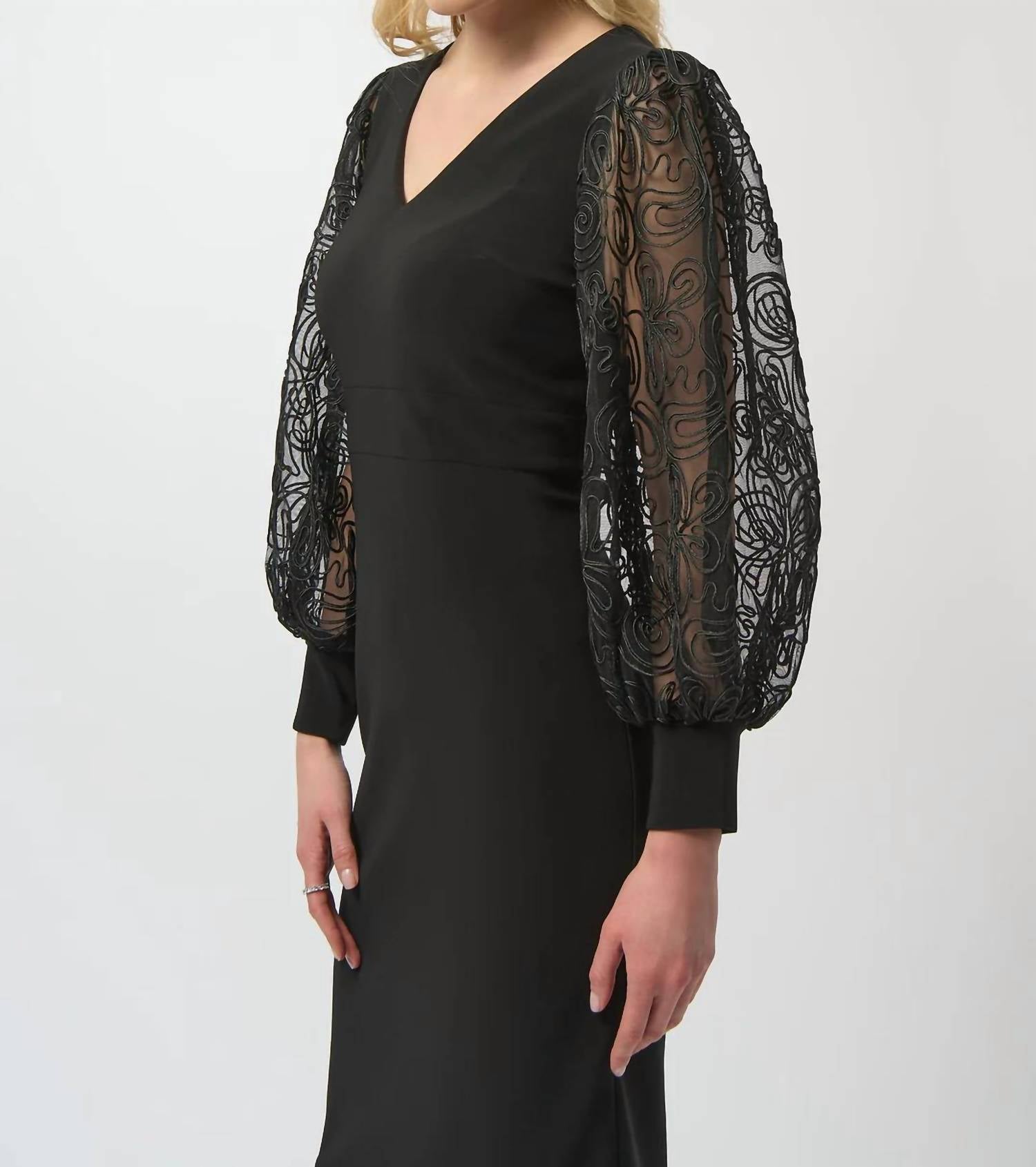 Joseph Ribkoff V-neckline Long Mesh Puff Sleeves Sheath Dress in black - women's dress - alternate view