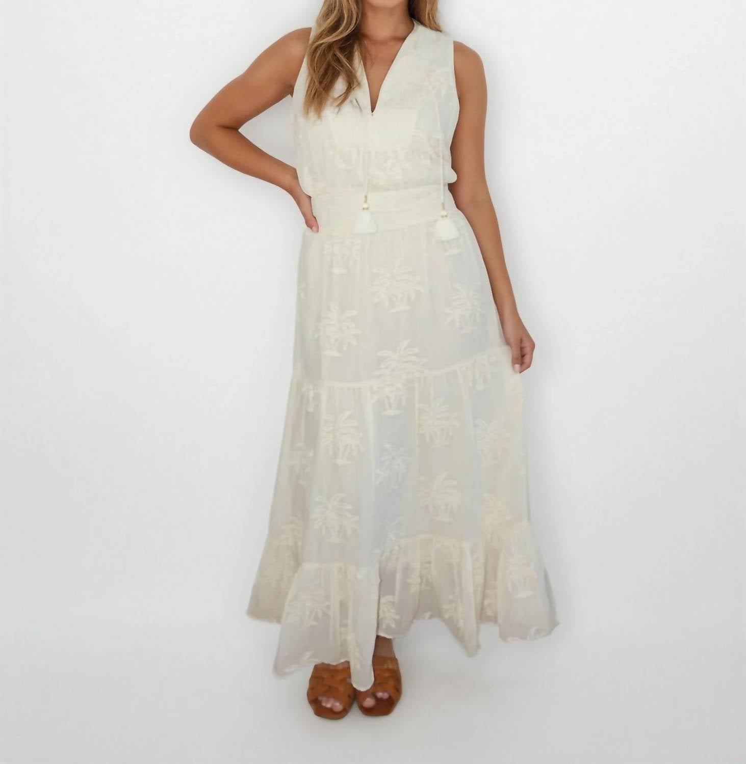 NIBI MTK Paloma Dress in cream palm embroidery - women's dress