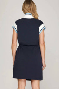 She + Sky - Striped Quarter-zip Drawstring Dress