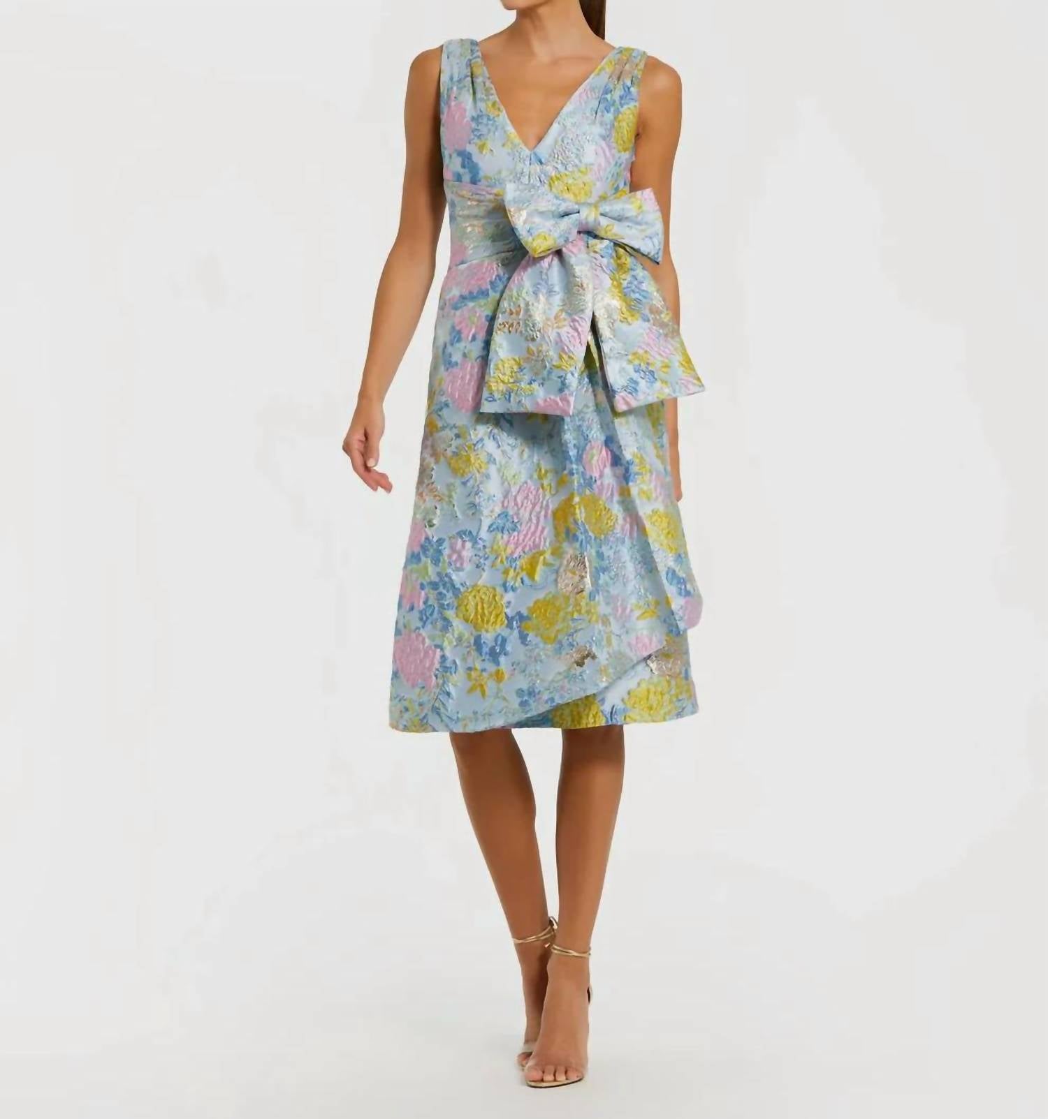 MAC DUGGAL Floral Brocade Sleeveless Midi Dress in blue - women's dress